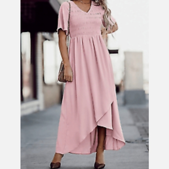 Zattcas Smocked Maxi High/Low Short Sleeve Vneck Flowy Dress in Pink Size XL - Picture 1 of 15